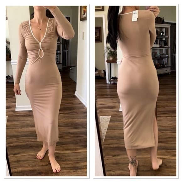 ABERCROMBIE & FITCH Neutral Bodycon Keyhole Cutout Long Sleeve Midi Dress XS NWT - Picture 1 of 14